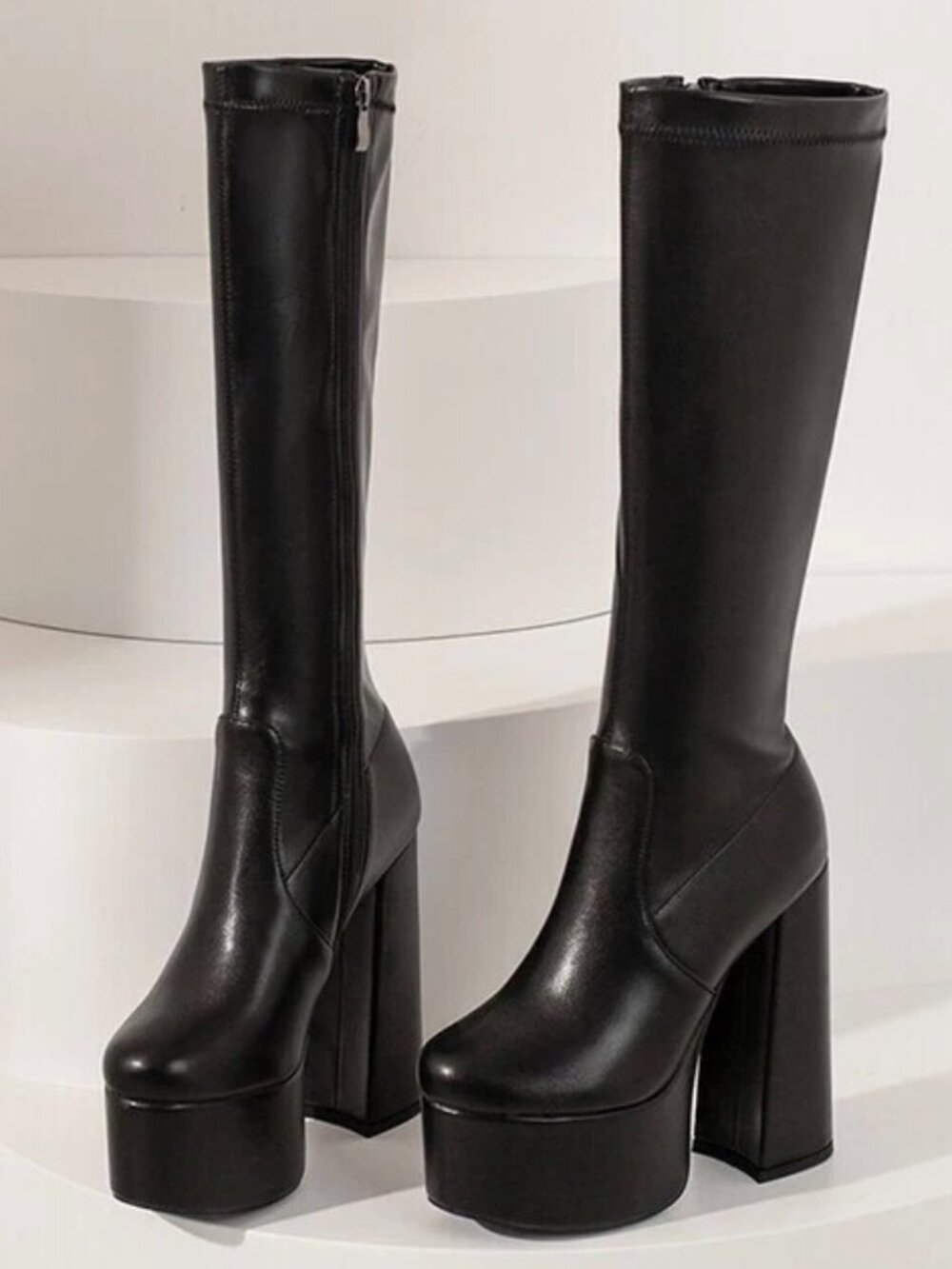 Platform Women's Shoes Stretch Side Zip Block Heels Knee High Boots Pumps S 6.5 - Picture 1 of 10